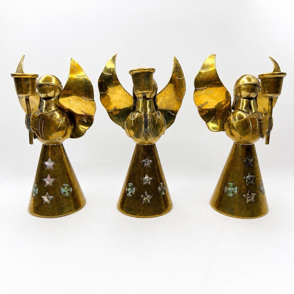 Vintage Brass Angel Candle Holders Set of 3 Abalone Inlay Mexico 4 Inch